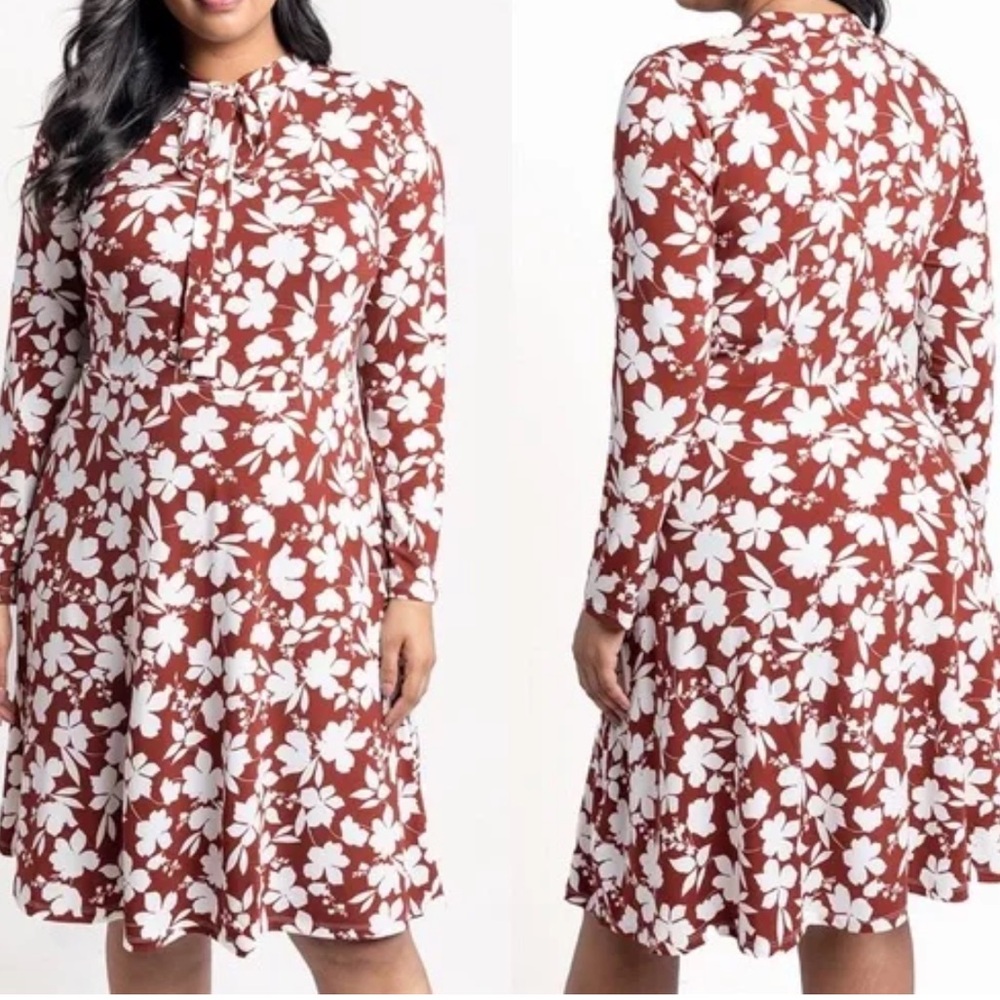 Eloquii Red Floral Long‎ Sleeve Tie Neck Knee Length Dress Stretchy Plus Size 22